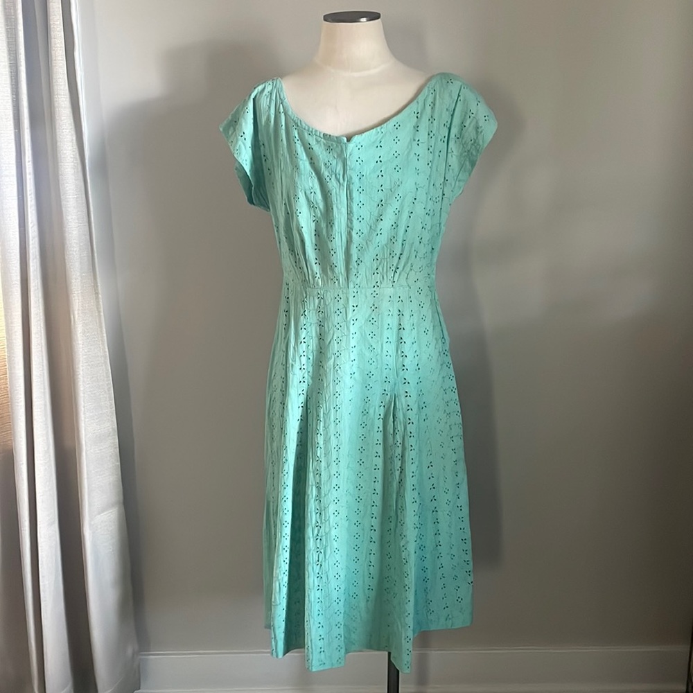 Vintage 1950s Fifties Sea Foam Green Cotton Eyelet Lace Dress Metal Side Zipper